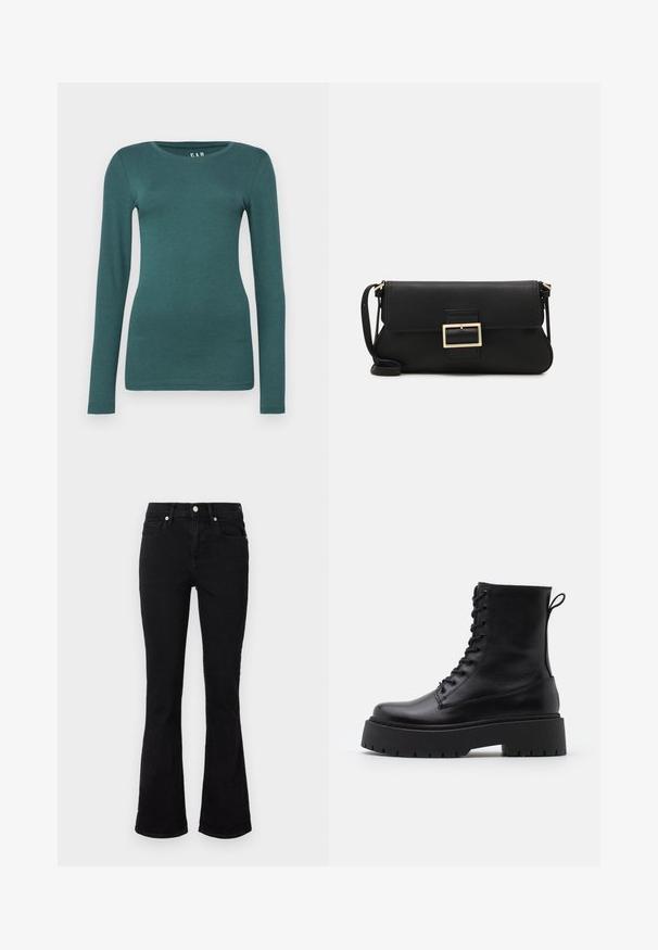 GAP CREW - Bluză cu mânecă lungă - moores green; Jeanși negri evazați din denim, cu talie medie, buzunare frontale și închidere cu nasture. Textură netedă, cu detalii minime de cusătură.; Botine din piele neagră, până la gleznă, cu vârful rotund, șireturi în față și o talpă groasă din cauciuc cu un model texturat. Fâșie de tragere la spate.; Geantă de mână din piele neagră, cu clapetă și un detaliu din metal auriu. Include o curea neagră și un design elegant, minimalist.