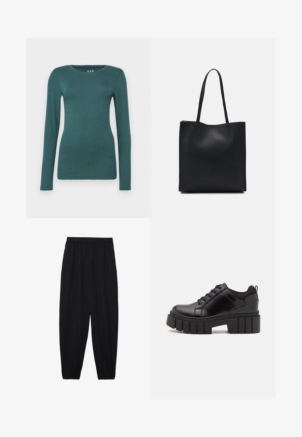 GAP CREW - Langarmshirt - moores green; Schwarze, leichte Hosen mit einem elastischen Bund und gerafften Knöcheln. Der Stoff ist glatt und hat ein entspanntes, schmal zulaufendes Design.; Schwarze Lederplateauschuhe mit klobigem Blockabsatz, runder Zehenpartie und traditionellem Schnürdesign. Verfügt über eine glatte Textur und minimale Details.; Schwarze Laptoptasche aus Leder mit glatter Textur, rechteckiger Form und zwei langen Griffen. Keine sichtbaren Beschläge oder Verzierungen.