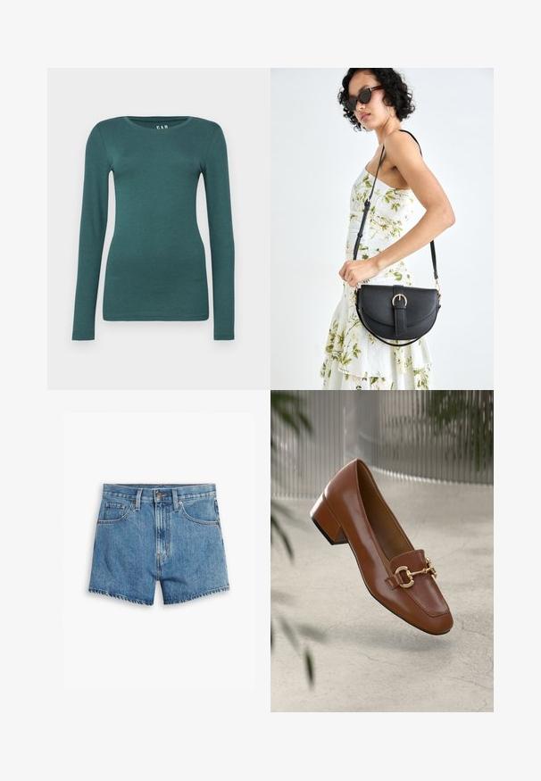 GAP CREW - Longsleeve - moores green; Lichtblauwe denimshorts met vijf zakken, een ritssluiting en een knoopsluiting. De zoom is rafelig en heeft een ontspannen pasvorm.; Bruine lakleren loafer met vierkante neus, metallic kettingaccent en lage blokhak; gladde textuur, minimalistisch ontwerp.; Zwarte leren handtas met een gebogen vorm, afneembare schouderband en gouden hardware. De tas heeft een klep met een gespsluiting.