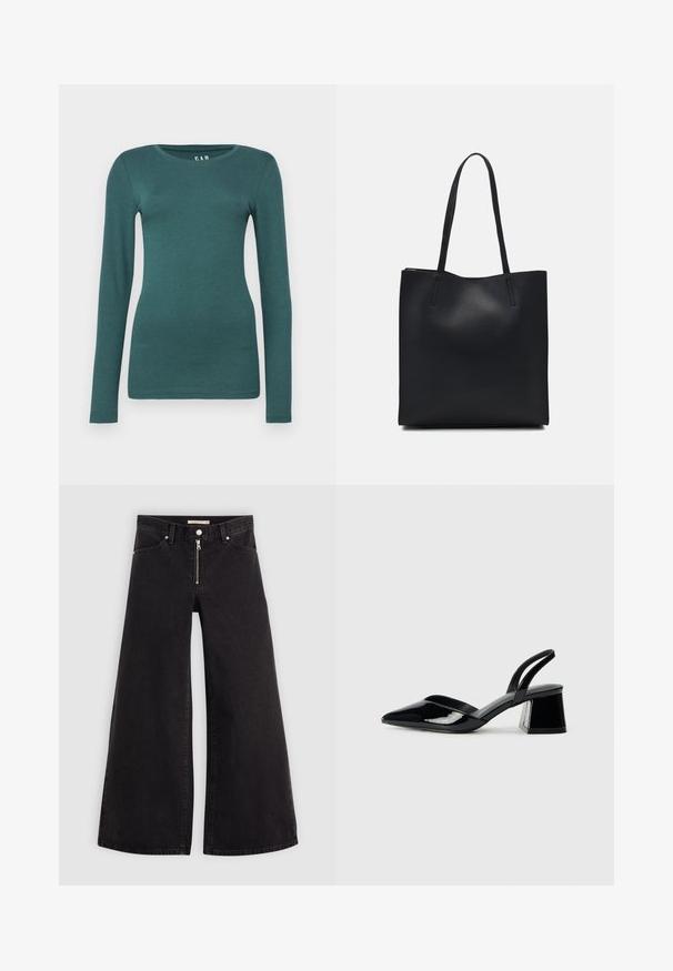 GAP CREW - Langarmshirt - moores green; Schwarze Denim-Jeans mit weitem Bein, Reißverschluss vorne, Fünf-Taschen-Design und dezenten Stickdetails. Glatte Textur und lässiger Stil.; Schwarze Lackleder-Slingback-High Heels mit spitzem Schuh und einem geometrischen Blockabsatz. Verfügt über ein schlankes, minimalistisches Design und eine glatte Textur.; Schwarze Laptoptasche aus Leder mit glatter Textur, rechteckiger Form und zwei langen Griffen. Keine sichtbaren Beschläge oder Verzierungen.