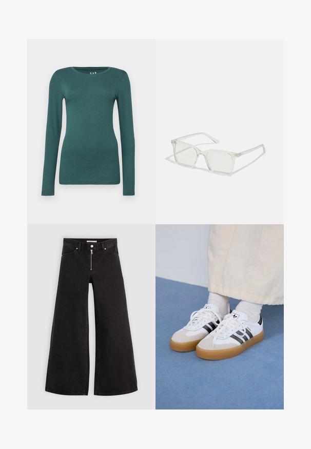 GAP CREW - Topper langermet - moores green; Vide benbukser i sort denim med glidelås i front, fem-lomme design og subtile sømdetaljer. Glatt tekstur og avslappet stil.; Hvite sneakers med svarte striper og beige semsket skinn-detaljer. Har en teksturert gummisåle og flate hvite snører, brukt med lyse sokker.; Klare plastiske briller med kvadratisk innfatning og gjennomsiktige linser, med gullfiner på brillestengene for ekstra detalj.