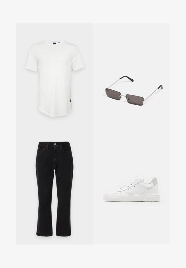Biała koszulka z krótkim rękawem wykonana z bawełny, z okrągłym dekoltem i nieco wydłużonym tyłem, ozdobiona niewielkim logo z boku.; Czarne dżinsy o prostym kroju, pięć kieszeni, metalowe elementy wykończenia w miedzianym kolorze. Gładka tekstura i średni stan.; Białe skórzane trampki o gładkim wykończeniu, zaokrąglonym nosku, płaskich sznurówkach i teksturowanej podeszwie. Szary zamszowy akcent na pięcie.; Okulary przeciwsłoneczne z prostokątnymi, ciemnoszarymi soczewkami, srebrnymi metalowymi ramkami i czarnymi plastikowymi zakończeniami na zausznikach. Lekka konstrukcja z poduszkami nosowymi.