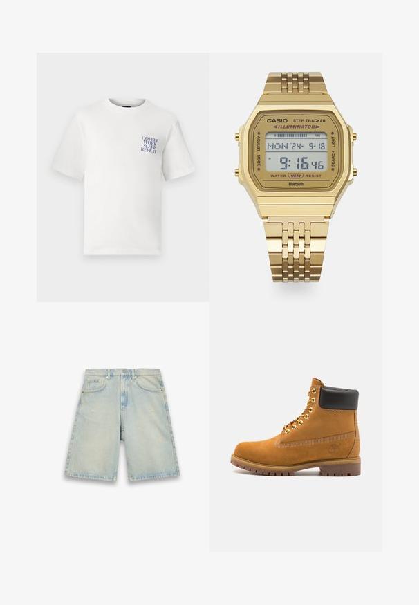 Balta medvilninė marškinėliai su laisvu kirpimu, su mėlynu grafiniu tekstu kairėje krūtinėje, kuriame parašyta "KAVA DARBAS MIEGAS PASIKARTOJIMAS."; Šviesiai mėlynos džinsinės šortai, laisvo kirpimo, su penkiais kišenėmis, švelniu pažeidimu ir matoma siuvimo linija. Su sagute ir užtrauktuku.; Tan spalvą turintys suknelės batus iki kulkšnies su juodu paminkštintu apvadu, auksiniais metaliniais akių užsegimais, baltais siūlų dekoratyviniais elementais ir tvirtu guminiu padu su ryškiai išreikštais raštais.; Auksinis skaitmeninis rankinis laikrodis su stačiakampiu ciferblatu, žingsnių sekimo funkcija, atsparumu vandeniui ir metaline grandinės apyranke. Rodo laiką ir datą.