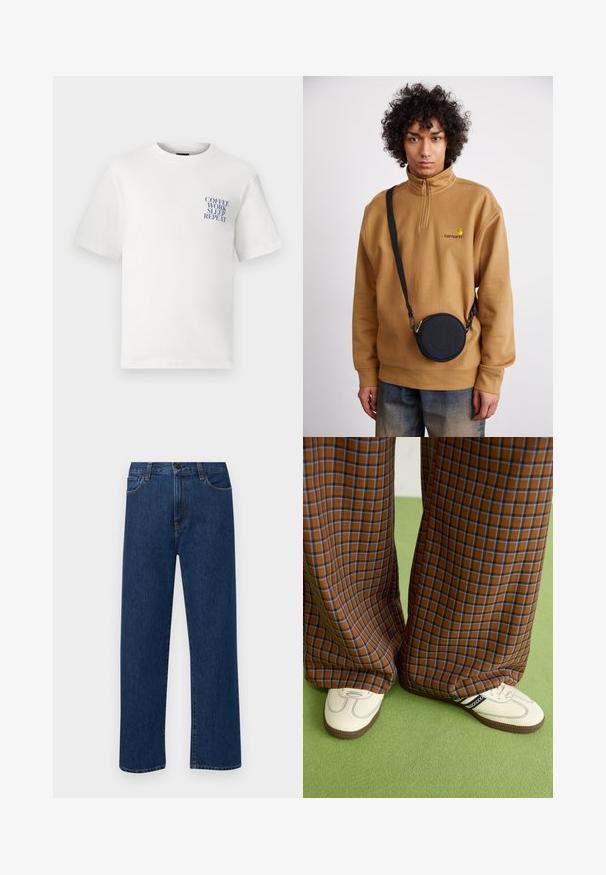 Biela bavlnená tričko s voľným strihom, so zobrazením modrého grafického textu na ľavej hrudi, ktorý znie "KÁVA PRÁCA SPÁNOK OPAKOVAŤ."; Tmavomodré rovné rifľové nohavice s prednými vreckami a zapínaním na gombík, vystavené na jednoduchom bielom pozadí.; Hnedé a modré kárované nohavice s širokými nohavicami skombinované s bielymi topánkami s čiernymi akcentmi a textúrovanými podrážkami, umiestnené na zelenom pozadí.; Hnedý mikina s štvrťzipom z fleecu s vyšitým logom, so čiernou okrúhlou crossbody taškou so zipsom a detailom loga, nosená cez denim.