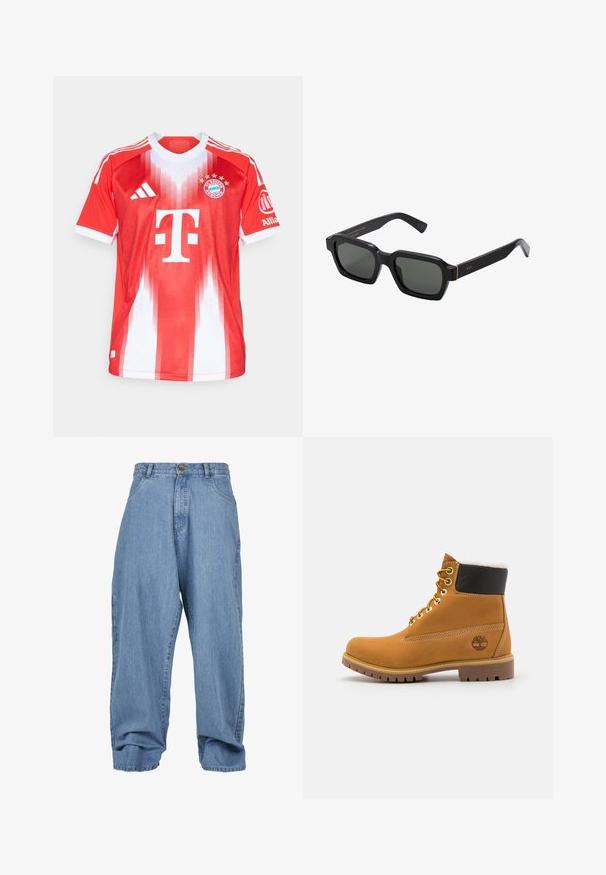 Červený a biely futbalový dres vyrobený z priedušného materiálu, s okrúhlym výstrihom, vertikálnym prúžkovaným vzorom, klubovým logom a brandingom sponzora.; Svetlomodré džínsové nohavice s voľným strihom, zapínaním na gombík, prednými vreckami a manžetou, so klasickým päťvreckovým dizajnom.; Hnedé kožené ankle boot s kovovými očkami, bielym kožúškom vo vnútri, čiernym vypolstrovaným golierom, robustnou podrážkou a vyrazeným logom na boku.; Čierne, štvorcové slnečné okuliare so sivými sklami. Hrubé plastové rámy majú zlaté akcenty a branding na spánku. Hladký povrch.