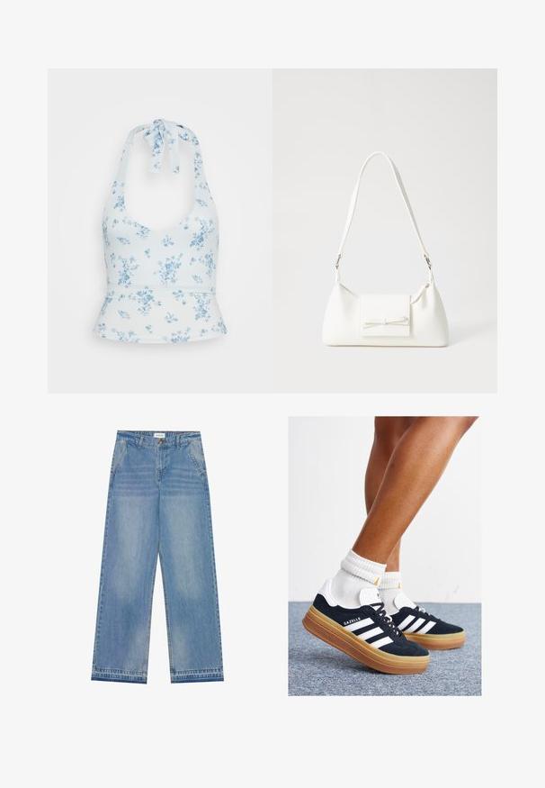 Vaaleansininen halterneck-toppi, joka on valmistettu pehmeästä kankaasta ja jossa on tummansiniset kukkaprintit. Topilla on muotoiltu malli, peplum-helma ja nauhat yksityiskohtana.; Vaaleansiniset korkeavyötäröiset leveälahkeiset farkut, joissa on napitus, etutaskut, vyölenkit ja hillitty haalistuminen.; Musta mokkanahkainen tennari, jossa valkoiset raidat ja yksityiskohdat, pyöreä kärki, purukumipohja, yhdistetty valkoisiin ribbineuleisiin nilkkasukkiin.; Valkoinen synteettinen käsilaukku, jossa on kolmikulmainen muoto, tasainen etu läppä ja nauhadetail, säädettävä olkahihna, sileä rakenne ja minimalinen muotoilu.