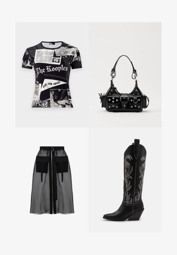 Čierne tričko s krátkymi rukávmi a okrúhlym výstrihom s kolážou novinového štýlu, ktorá obsahuje texty a obrázky.; Čierna priesvitná sukňa s naťahovacím pásom, ktorá má dve veľké predné vrecká, opasok na viazanie a kruhový kovový akcent.; Čierne kožené kovbojské čižmy s špicatými prstami, klinovými podpätkami a striebornými vyšívanými kvetinovými vzormi po celej dĺžke. Kontrastné šitie po celom povrchu.; Čierna kožená kabelka s zakriveným dizajnom, doplnená striebornými cvočkami, prackou a dvoma bočnými vreckami. Nastaviteľný popruh poskytuje rôzne možnosti nosenia.