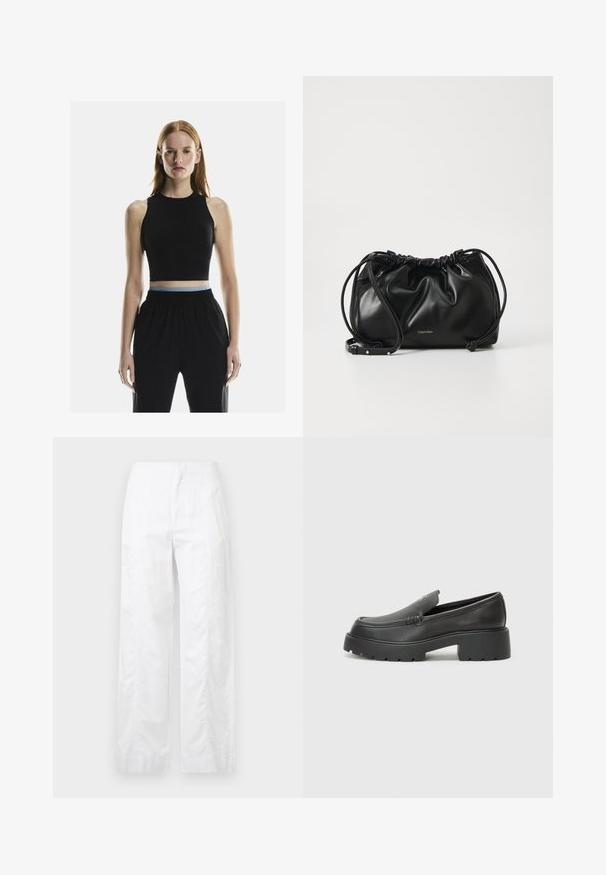 Fekete ujjatlan crop top magas nyakkivágással, kontrasztos világoskék derékrésszel, laza fekete nadrággal párosítva.; Fehér, széles szárú nadrág könnyű anyagból, sima textúrával, letisztult vonalakkal és magasderék kialakítással.; Fekete bőr loafer cipők kerek orral, vastag, texturált talppal és minimális varrási részletekkel. Áramvonalas dizájn, látható fűzők vagy fém részek nélkül.; Fekete bőr kézitáska gyűrt dizájnnal, dupla húzózsinórral és levehető vállpánttal. Fémes logó részlettel rendelkezik.