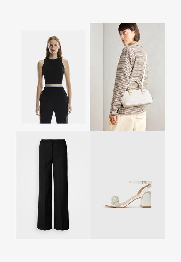 Black sleeveless crop top with a high neckline, featuring a contrasting light blue waistband, paired with loose black pants.; Black wide-leg trousers with a smooth fabric, featuring a high waist, tailored seams, and a minimalist design. No visible hardware or pockets.; White open-toe sandal with a thick block heel, featuring a textured glitter band across the foot and an adjustable ankle strap.; White structured handbag with short handles and a shoulder strap, featuring gold hardware accents and textured material, displayed against a grey background.