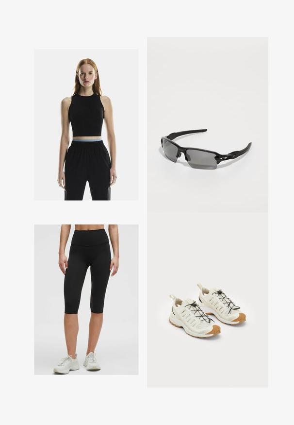 Mustikas ilma varrukat crop top kõrge kaelusega, millel on kontrastne helesinine vöökoht, koos lõdva mustade pükstega.; Mustad kõrge vöökohtadega jalgrattasõidulühad, mis on valmistatud venivast, sileda kangast ja ulatuvad veidi põlvest allapoole, koos heledate sportlike jalanõudega.; Kerged, kreemikaalsetest spordijalatseid, millel on võrgu pealis, mustad elastsed paelad ja pruunid kummist talla aktsendid, et tagada haarduvus ja vastupidavus.; Mustad must sportlikud prillid hallide läätsedega, kõverate raamide kujundus ja logodetail küljel. Valmistatud kergest plastmaterjalist.