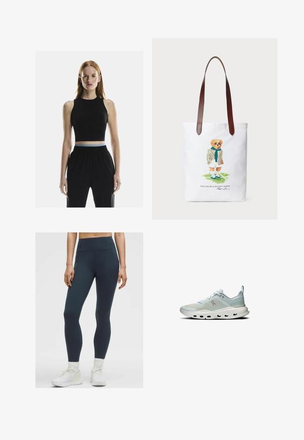 Schwarzes ärmelloses Crop-Top mit hohem Ausschnitt, das einen kontrastierenden hellblauen Taillenbund hat, kombiniert mit lockeren schwarzen Hosen.; Hoch taillierte, dunkelblaue Leggings aus einem dehnbaren, glatten Stoff mit Flachnähten und ohne sichtbare Taschen, kombiniert mit weißen Sportschuhen.; Hellblaue Sneaker aus Mesh- und Synthetikmaterialien. Verfügt über eine weiße Zwischensohle, eine runde Form und Ausschnittakzente entlang der Sohle.; Canvas-Tragetasche mit einem cartoonhaften Bären, der einen grünen Schal und einen Blazer trägt, mit braunen Leder-Schultergurten. Weißer Hintergrund, bedrucktes Design.