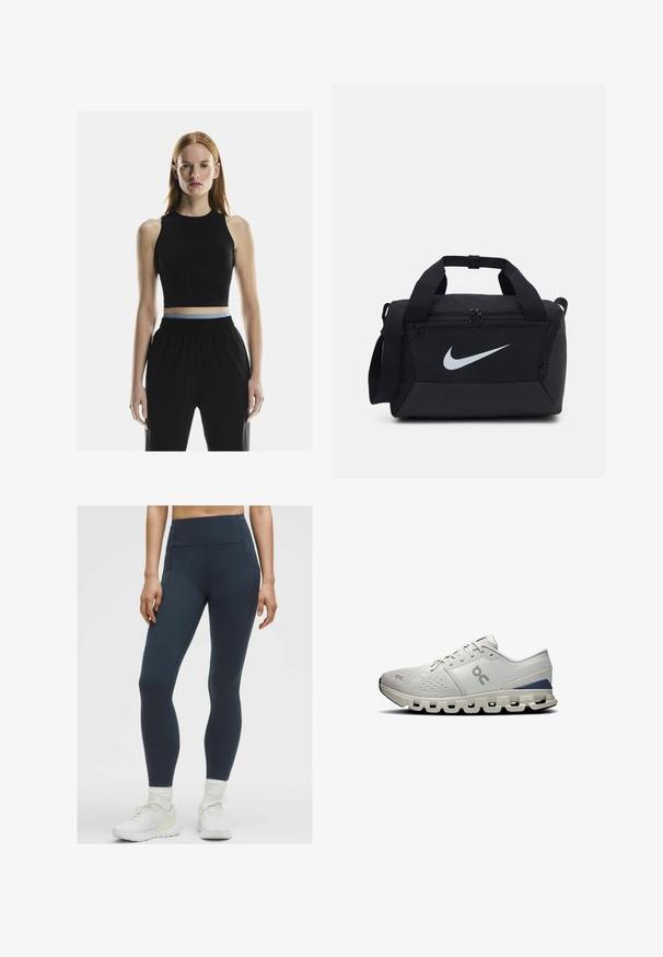 Schwarzes ärmelloses Crop-Top mit hohem Ausschnitt, das einen kontrastierenden hellblauen Taillenbund hat, kombiniert mit lockeren schwarzen Hosen.; Hoch taillierte, dunkelblaue Leggings aus einem dehnbaren, glatten Stoff mit Flachnähten und ohne sichtbare Taschen, kombiniert mit weißen Sportschuhen.; Hellgrau sportlicher Schuh mit strukturiertem Obermaterial, Schnürdesign und gepolsterter Sohle mit mehrfarbigen Ausschnitten. Akzent in dunklerem Grau.; Schwarze Duffel-Tasche aus glattem Stoff, mit zwei Reißverschlussfächern, gepolsterten Griffen und einem großen weißen Nike-Logo auf der Vorderseite.