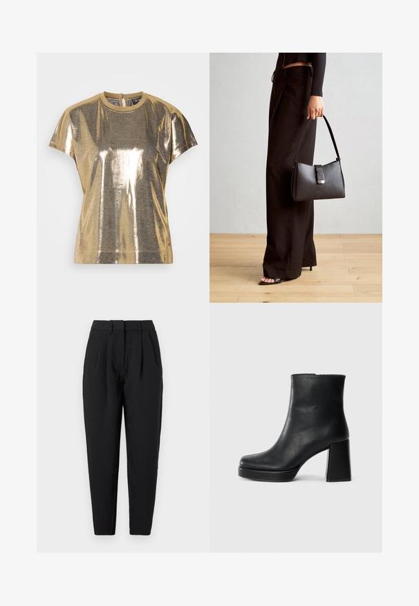 Mos Mosh O NECK TEE - T-shirts med print - gold; Sorte bukser med rett passform, med legg foran, en jevn tekstur og sidelommer. Livet er av standard høyde.; Sorte skinnankelsko med blokkhæl og plattformsåle, sett fra siden på en enkel hvit bakgrunn.; Svart håndveske med strukturert form, jevn tekstur og metallisk lås. Kombinert med brede svarte bukser og sandaler med åpen tå på tregulv.