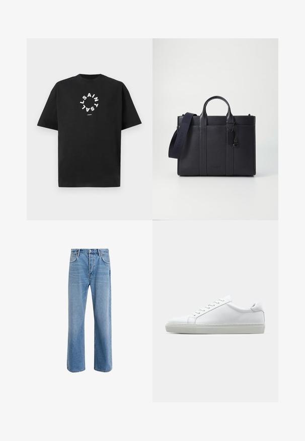 Camiseta de algodón negra con mangas cortas. Presenta texto blanco dispuesto en un patrón circular, que dice "SAINT LAURENT LONDRES."; Jeans de mezclilla azul claro con un diseño de pierna recta, cinco bolsillos, cierre de botón, ligeramente desgastados y detalles de costura en contraste.; Zapatilla blanca con parte superior de cuero liso y perfil bajo. Presenta una puntera redondeada, seis ojales y una suela de goma texturizada.; Maletín de cuero negro marino con dos asas superiores y una correa desmontable. Presenta un acabado texturizado, costura vertical y detalle del logo.