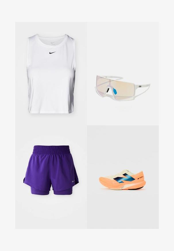 Top deportivo sin mangas blanco, hecho de una tela suave, con un escote redondo y un pequeño logo negro de Nike en el pecho.; Pantalones cortos de running morados de doble capa con cintura elástica y pequeño swoosh plateado de Nike en el dobladillo inferior izquierdo.; Zapatilla de running con un upper ligero en color crema, branding azul y acentos naranjas en la suela. Textura de malla para mayor transpirabilidad.; Gafas de sol con marco blanco y lentes grandes en degradado que presentan un tinte de rosa a naranja claro, acentuadas con una pieza nasal azul y un detalle del logo.
