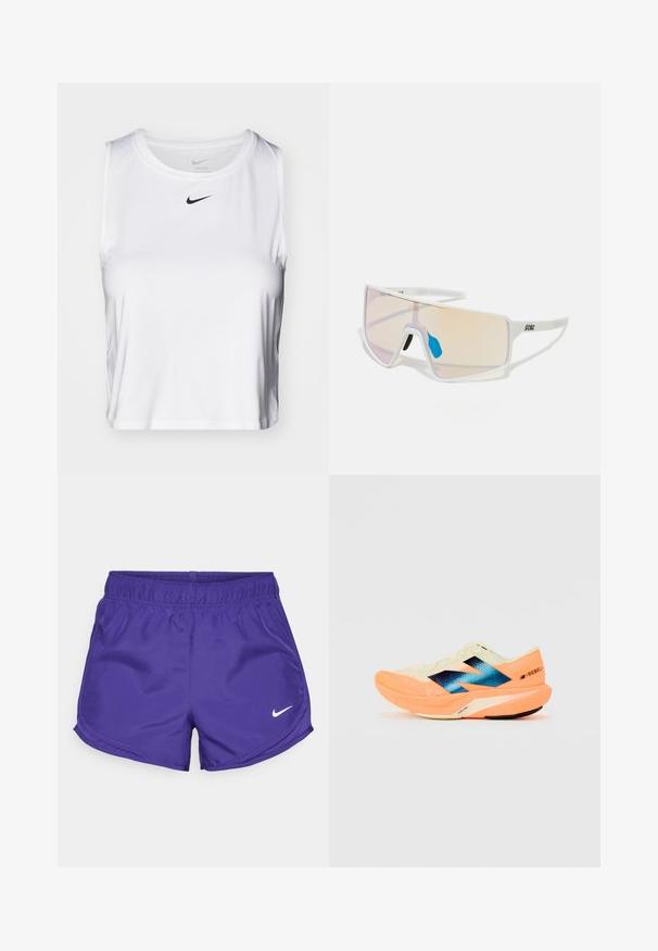 White sleeveless athletic top made of smooth fabric, featuring a round neckline and a small black Nike logo on the chest.; Purple athletic shorts made of smooth fabric, featuring an elastic waistband and a white Nike logo on the lower right side.; Running shoe with a lightweight cream upper, blue branding, and orange accents on the sole. Mesh texture for breathability.; White-framed sunglasses with large, gradient lenses featuring a pink to light orange tint, accentuated by a blue nose piece and logo detail.