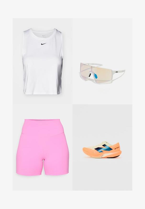 Bílé sportovní tílko bez rukávů vyrobené z hladkého materiálu, s kulatým výstřihem a malým černým logem Nike na hrudi.; Růžové šortky s vysokým pasem vyrobené z pružného materiálu, s hladkou texturou a krátkou délkou nohavic, s plochými švy pro pohodlí.; Běžecká obuv s lehkým krémovým svrškem, modrým logem a oranžovými detaily na podešvi. Síťovina pro prodyšnost.; Sluneční brýle s bílým rámem a velkými gradientovými skly, která mají přechod od růžové k světlé oranžové barvě, doplněné modrým nosníkem a detailem loga.