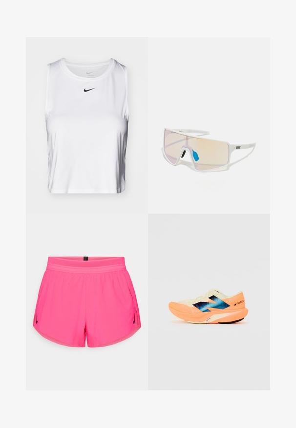 Valge ilma varrukateta sportlik topp, mis on valmistatud siledast kangast, ringikujulise kaelusega ning rinnal on väike must Nike logo.; Roosa spordilühikesed püksid, millel on hingav vöökoht, küljetaskud ja väike must Nike logo vasakul küljel. Sile kangas.; Kergjalats kergest kreemjas ülemisest osast, sinise brändingu ja oranžide aktsentidega taldadel. Võrgumaterjal tagab hingavuse.; Valged raamidega päikeseprillid, millel on suured gradiendiklaasid roosa kuni heleda oranži tooniga, mida rõhutab sinine ninatükk ja logo detail.