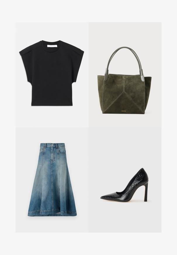 Fekete, rövid ujjú felső, kerek nyakkivágással és vállrészletességgel, laposan elhelyezve fehér háttéren.; Világoskék mosott farmer A-vonalú szoknya magas derekú, oldalsó zsebekkel és a szegélyig érő varrásokkal.; Fekete hegyes orrú magassarkú cipő krokodilbőr textúrával, letisztult dizájnnal, magas tűsarkú és sima fekete belső résszel.; Olíva zöld velúr bevásárlótáska geometrikus varrásmintával, szürke bőr fogantyúkkal és arany logóval az alján. Puha tapintás, tágas kialakítás.