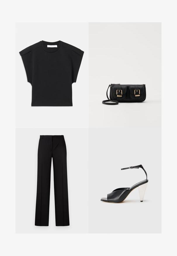 Svart kortärmad topp med rund halsringning och axeldetaljer, liggande platt på en vit bakgrund.; Svarta skräddarsydda byxor med rak ben-design, som har en slät yta, en platt midjeband och inga synliga detaljer eller dekorationer.; Svart läder hög klack sandalett med öppen tå, asymmetrisk design, ankelrem och en metallisk konformad klack. Slät textur genomgående.; Svart läderaxelväska med två framfickor, guldspännen, dragkedjestängning och en smal rem. Texturerad yta och kompakt rektangulär form.