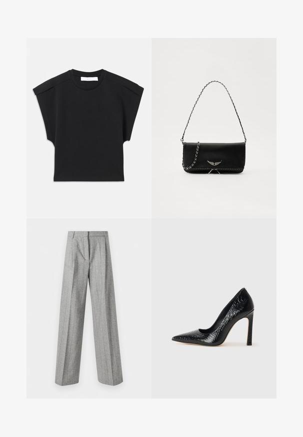 Black short-sleeve top with a round neckline and shoulder detailing, laid flat on a white background.; High-waist gray trousers with vertical pinstripes and wide straight legs, displayed against a white background.; Black pointed-toe high heel shoe with a crocodile-skin texture, featuring a sleek design, high stiletto heel, and smooth black interior.; Black leather handbag with a silver chain strap, featuring decorative wing accents and white stitching along the bottom seam.