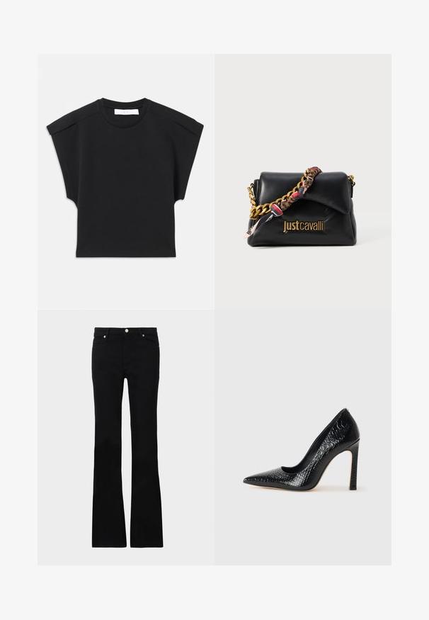 Black short-sleeve top with a round neckline and shoulder detailing, laid flat on a white background.; Black flared jeans made of denim, featuring two front pockets, a button closure, and a smooth texture. Signature stitching visible at seams.; Black pointed-toe high heel shoe with a crocodile-skin texture, featuring a sleek design, high stiletto heel, and smooth black interior.; Black leather handbag with a gold chain strap, featuring a patterned fabric accent, and a logo embossed on the front.