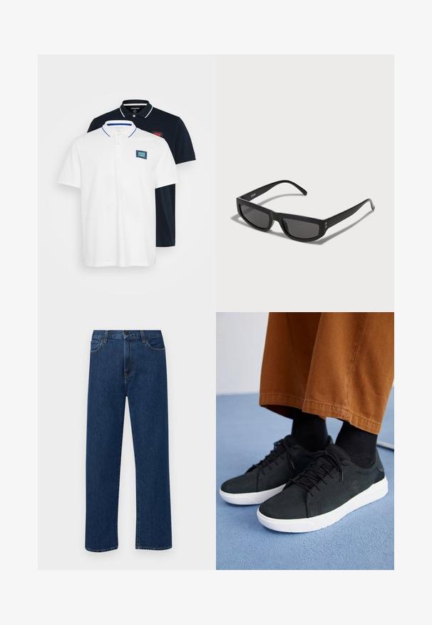 Due polo shirt impilati: uno bianco con accenti blu, patch del logo; uno nero con colletto bianco, patch del logo rosso. Entrambi in tessuto di cotone.; Jeans in denim di un blu scuro a gamba dritta con tasche anteriori e chiusura con bottone, esposti su uno sfondo bianco semplice.; Sneakers in suede nera con suole in gomma bianca, dotati di un design con lacci, accenti testurizzati e branding sottile, abbinati a pantaloni marroni.; Occhiali da sole neri con montatura rettangolare, dotati di lenti scure e stanghette sottili. Accenti dorati vicino alle cerniere.