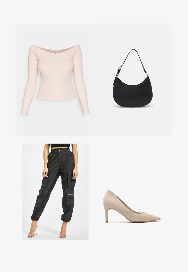 Bluză lungă cu mâneci, de culoare roz deschis, cu un decolteu off-the-shoulder și design mulat. Textură netedă; fără modele sau accesorii vizibile.; Pantaloni cargo negri, confecționați dintr-un material ușor, prezintă multiple buzunare, manșete elastice și un buzunar cu fermoar pe lateral pentru o funcționalitate sporită.; Pump din suede bej cu toc înalt și vârf ascuțit de 7 cm. Textură netedă, design minimalist și o siluetă uniformă.; Geantă hobo neagră din piele netedă, cu o siluetă curbată, dotată cu un singur curea ajustabilă și detalii de design minimaliste.