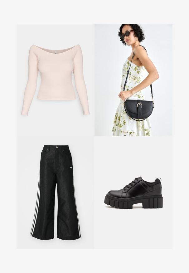 Šviesiai rožinė, raukinėta ilgomis rankovėmis palaidinė su nuo peties nuleidžiamu dekoltė ir prigludusia siluetu. Lygus paviršius; nematomi raštai ar detalių.; Juodos plačios džinsinės kelnės su trimis baltais juostelėmis kiekvienoje pusėje ir mažu baltu logotipu. Yra priekiniai kišenės ir sagčių užsegimas.; Juodi odiniai platformos batai su masyviu blokuota kulniuku, apvalia nosimi ir tradiciniu šnypštimo dizainu. Turintys glotnų paviršių ir minimalų dekoravimą.; Juodas odinis krepšys su išlenkta forma, nuimamu dirželiu ir auksiniais detalėmis. Krepšys turi kilpą su sagtimi.