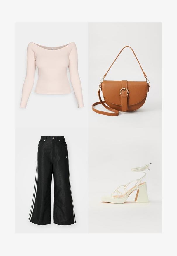 Light pink, ribbed long-sleeve top with an off-the-shoulder neckline and fitted design. Smooth texture; no visible patterns or hardware.; Black wide-leg denim pants with three white stripe accents on each side and a small white logo. Features front pockets and a button closure.; White high-heeled sandal with a chunky heel, featuring a strappy design and ankle tie. Smooth texture with a platform front for added height.; Brown leather crossbody bag with a curved shape, gold hardware, and a buckle accent. Features a detachable shoulder strap.