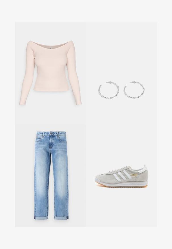 Lys rosa, ribbet langermet topp med avtagbar halslinning og tettsittende design. Glatt tekstur; ingen synlige mønstre eller hardware.; Lys blå denimjeans med rett ben-design, som har en rullet kant og subtil fading. Inkluderer klassiske frontlommer og knappelukking.; Lys grå sneaker laget av semsket skinn og mesh, med tre hvite striper, rund tå og såle av gummi. Gull logo-aksent nær snørebåndene.; Sølv hoops øredobber med en tvistet design, som har en polert finish og bakstøtte. Mål omtrent 3 cm i diameter.