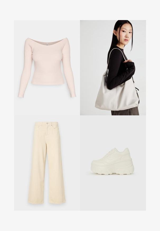 Svijetlo ružičasta, rebrasta majica s dugim rukavima s necklinom bez ramena i uskim dizajnom. Glatka tekstura; bez vidljivih uzoraka ili metalnih dijelova.; Bež traperice širokih nogavica napravljene od pamuka. Imaju zatvaranje na dugme, petlje za remen i prednje džepove s glatkom, mekanom teksturom.; Bijele platformske tenisice s glatkim gornjim dijelom koji nalikuje koži, zaobljenim oblikom, podstavljenim okvirom i teksturiranim gumeni potplat s definiranom profilacijom.; Bežna torba od mekog materijala s opuštenim dizajnom, šivanim detaljima i dva remena za rame. Pogodna za svakodnevnu upotrebu.