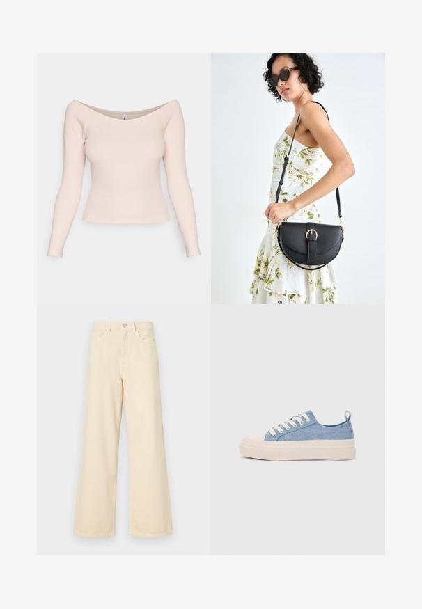 Heled roosa, soonest ribakujuline top, millel on õlavarrelt avatud kaelus ja järgi voolav disain. Sile tekstuur; nähtavaid mustreid või riistvara ei ole.; Bežid laiad teksad, mis on valmistatud puuvillast. Omab nööbilukku, vöökohakujusid ja eesmine taskuid, millel on sile ja pehme tekstuur.; Heledad sinised kangast tennisekingad koorevärvi kummist varbakatte ja taldaga, millel on valged paelad ja tõmblukk kandadel.; Mustmust mustraha kõverate joontega, eemaldatava rihmaga ja kuldsete detailidega. Kotil on klapp, millel on pandladetail.