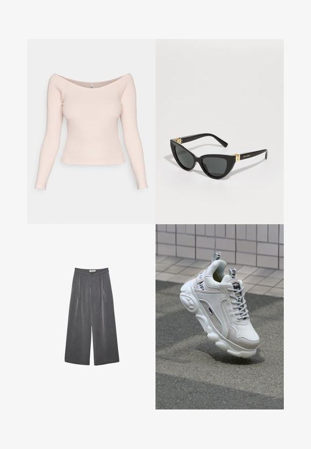 Vaaleanpunainen joustava pitkähihainen paita, jossa on olkapäiltä paljastava kaula-aukko ja vartalonmyötäinen malli. Sileä pinta; ei näkyviä kuvioita tai metalliosia.; Pleated leveleijoushousut tummanharmaasta kankaasta, jossa on hieno rakenne. Ominaisuuksina napin suljenta ja klassinen vyötärönauhan muotoilu.; Valkoiset tennarit, joissa on verkko- ja nahkamateriaaleja, pyöreä kärki, paksu pohja, erottuvat nauhat sekä brändäys kantapäässä ja kielessä.; Kissakäyttöiset aurinkolasit mustilla muovikehyksillä, tummilla linsseillä ja kultasävyisillä yksityiskohdilla temppeleissä. Tasainen pinta ja rohkea muotoilu.; Musta hobo-laukku, jossa on sileä nahka ja kaareva siluetti, varustettuna yhdellä säädettävällä hihnalla ja minimalistisilla muotoiluelementeillä.