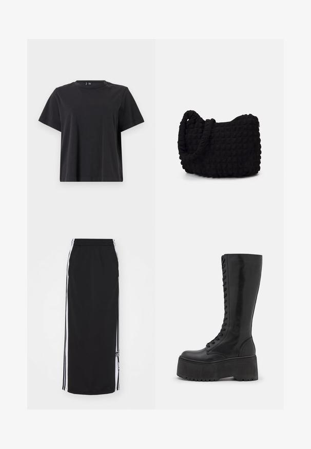 Čierne tričko s krátkym rukávom a okrúhlym výstrihom, vyrobené z mäkkej bavlnenej tkaniny; má voľný strih a jednofarebný dizajn bez vzorov.; Čierna atletická sukňa s bielymi postrannými pruhmi, elastickým pásom a detailom loga. Vyrobená z priedušného materiálu, dĺžka po kolená.; Zign LEATHER - Čižmy na šnurovanie - black; Čierna látková taška s textúrovaným, prešívaným vzorom. Zaoblený tvar, krátke, hrubé rúčky a mäkká, flexibilná konštrukcia.