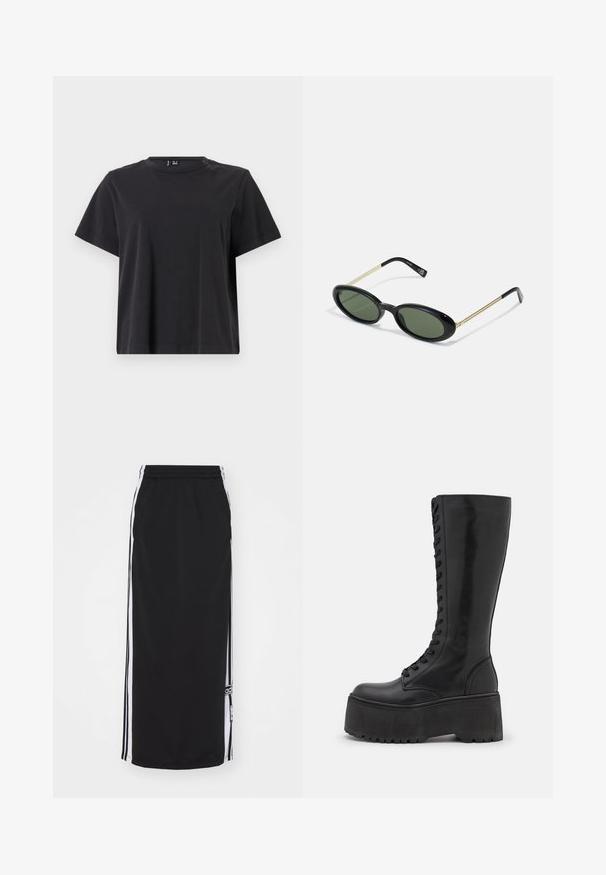 Mustat lyhythihaiset t-paidat, joissa on pyöreä kaula-aukko, valmistettu pehmeästä puuvillakankaasta; rento malli ja yksivärinen ilman kuvioita.; Musta urheiluhame valkoisilla sivuvaroilla, joustava vyötärö ja logotiedot. Valmistettu hengittävästä kankaasta, polvipituinen malli.; Zign LEATHER - Nauhalliset saappaat - black; Aurinkolasit ovaalinmuotoisella kehykset, joissa on vihreät linssit, musta muovinen etuosa ja ohuet kultaiset metalliset tempurit. Yksinkertainen muotoilu, jossa on sileä pinta.