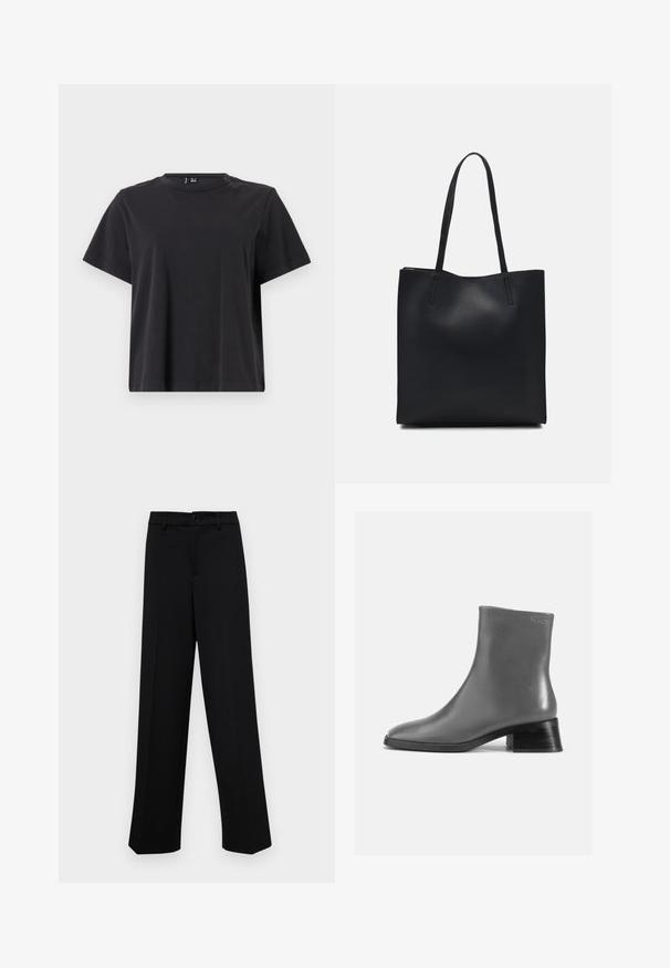 Must värviga lühikeste varrukatega T-särk ümmarguse kaelusega, valmistatud pehmest puuvillast kangast; omab mugavat lõiget ja on ühtlase värviga ilma mustriteta.; Musta laiad püksid siledast kangast, millel on klassikaline vöökoht, nööbiga sulgemine ja ees voldid.; Hallux hallux nahkne saapad, millel on ümar varvas ja lühike, virnastatud must konts. Sile tekstuur minimaalse detailiga.; Mustast nahast kott sujuva tekstuuriga, ristkülikukujuline ja kahe pika sangaga. Pole nähtavat riistvara ega kaunistusi.