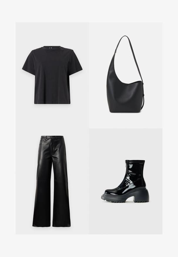 Černé tričko s krátkým rukávem a kulatým výstřihem, vyrobené z měkké bavlněné tkaniny; má volný střih a jednobarevný design bez vzorů.; Černé kalhoty s vysokým pasem a širokými nohavicemi z umělé kůže, s předním knoflíkem, zipovým zapínáním, poutky na pás a bočními kapsami na bílém pozadí.; Lesklé černé platformové kotníkové boty s kulatou špičkou, masivním podpatkem, zipovým uzavřením a silnou vroubkovanou podrážkou na bílém pozadí.; Černá kožená hobo taška s hladkým povrchem, zakřiveným tvarem a jedním nastavitelným popruhem; má široké otevírání nahoře.