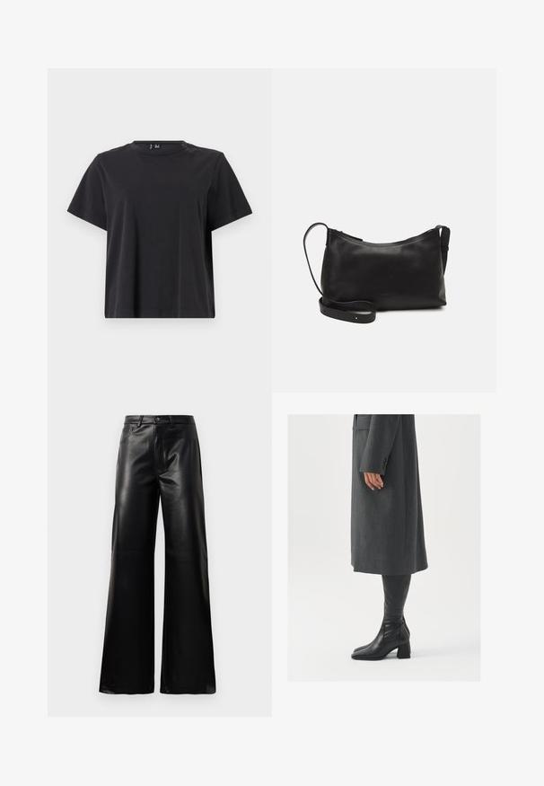 Camiseta negra de manga corta con escote redondo, hecha de suave tela de algodón; presenta un corte relajado y un color sólido sin estampados.; Pantalones de imitación de cuero negros de cintura alta y pierna ancha con botón frontal, cierre de cremallera, pasadores para cinturón y bolsillos laterales sobre fondo blanco.; Abrigo gris, entallado y de corte recto; combinado con botas de cuero negras hasta la rodilla que tienen punta cuadrada y tacón grueso.; Bolso de hombro de cuero negro con una textura suave, forma curvada, correa ajustable y cierre con cremallera. Diseño minimalista sin adornos.