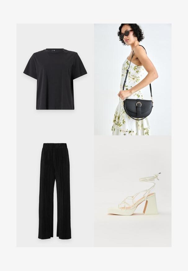 Black short-sleeve t-shirt with a round neckline, made from soft cotton fabric; features a relaxed fit and solid color without patterns.; Black pleated trousers with an elastic waistband. Features wide legs and a smooth, textured fabric with vertical stripes.; White high-heeled sandal with a chunky heel, featuring a strappy design and ankle tie. Smooth texture with a platform front for added height.; Black leather handbag with a curved shape, detachable strap, and gold hardware. The bag features a flap with a buckle detail.