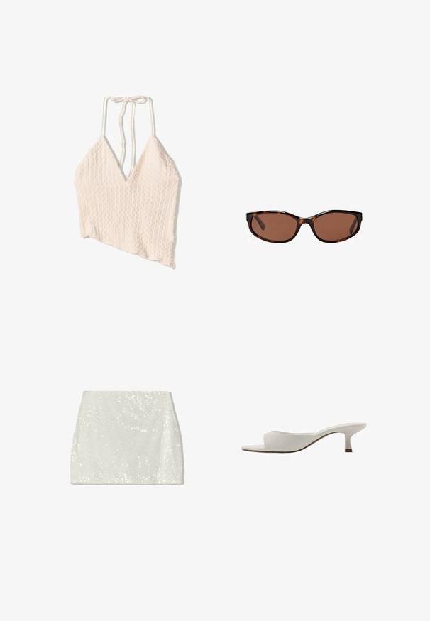 Top corto in misto lino color beige chiaro, con superficie texturizzata, ampia scollatura a V e spalline regolabili. Dettaglio dell'orlo asimmetrico.; Bershka Gonna a campana - white; Mule bianche aperte davanti con un design curvo, tacco basso, texture liscia e un motivo di cuciture sottile. Accento marrone alla base del tacco.; Occhiali da sole tartarugati con lenti marroni, forma ovale e finitura lucida. Presentano sottili accenti argento sulla montatura.