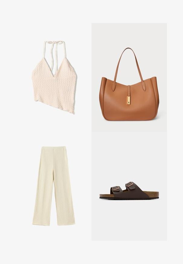 Leinenmischung-Crop-Top in hellbeige, mit strukturiertem Oberflächendesign, weiter V-Ausschnitt und verstellbaren Bindebändern. Asymmetrisches Saumdetail.; Weite Hosen aus strukturiertem, cremefarbenem Stoff. Das Design hebt sich durch ein gewaffeltes Muster, eine hoch sitzende Taille und vollvertikale Beine hervor.; Braune, flache Riemchensandale mit zwei verstellbaren Riemen. Hergestellt aus einem glatten Material, mit einem Korkfußbett und einer strukturierten Gummisohle.; Braune Leder-Tote mit runder Form, glatter Textur und zwei Schulterriemen. Mit einem goldenen Hardware-Akzent in der Mitte.