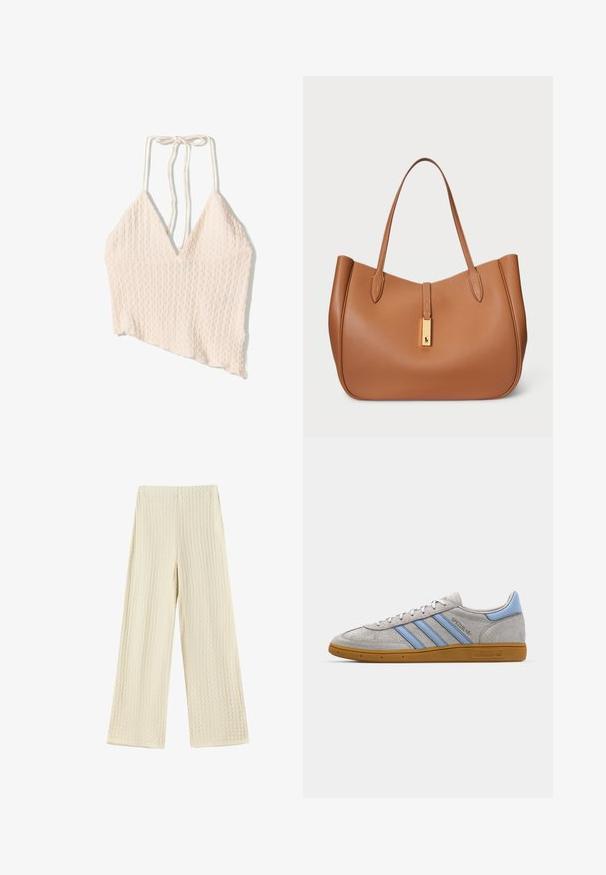 Linnedragt i lysebeige med en struktureret overflade, bred V-hals og justerbare bindebånd. Asymmetrisk kantdetalje.; Vide benbukser i et tekstureret, cremefarvet stof. Designet har et vaffelmønster med høj talje og fuld længde ben.; Grå ruskinds sneakers med lyseblå striber, gummisål i farven gum og logo detaljer. Lavt design med rund tå og snørelukning.; Brun læder tote taske med rund form, glat tekstur og dobbelte skulderremme. Har et guldfarvet hardwareaccent i midten.