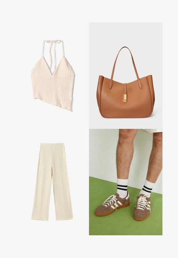 Világos bézs vászon keverék crop top, textúrált felülettel, széles V-nyakkivágással és állítható megkötő pántokkal. Aszimmetrikus szegély részlet.; Igen széles nadrág texturált, krém színű anyagból. A dizájn hullámos mintázatot tartalmaz, magas derékkal és teljes hosszúságú lábakkal.; Barna velúr sportcipő fehér díszítéssel és fűzővel. Gumi talp. Fehér zoknival viselve, fekete csíkokkal. Zöld, textúrázott padló.; Barna bőrtáska lekerekített formával, sima felülettel és két vállpánttal. Középen arany színű kiegészítő található.