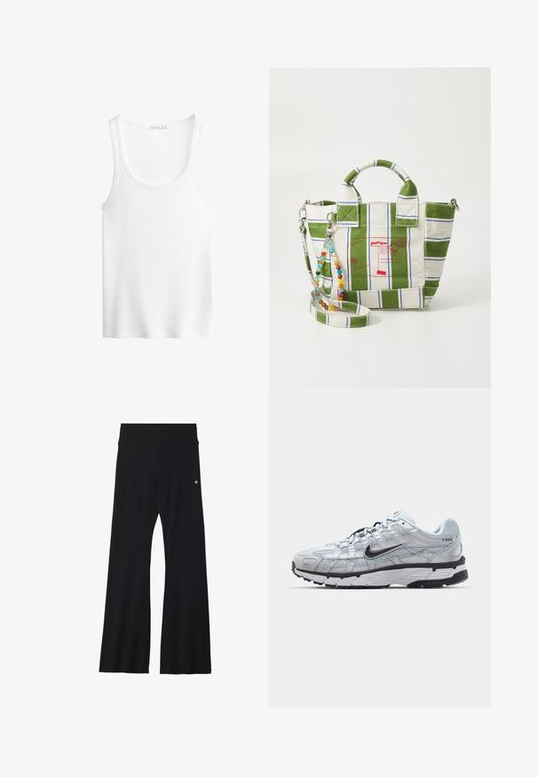 Bílý žebrovaný top na ramínka s kulatým výstřihem a širokými ramínky. Měkká textilie a prošívané lemy. Jednoduchý, přiléhavý design.; Bílá košile s dlouhým rukávem z lehké tkaniny, s klasickým límečkem, jednou náprsní kapsou a rovním lemem.; Černé rozšířené jógové kalhoty z pružné látky, s širokým pasem a malým logem blízko boků. Hladký povrch, bez vzorů.; Tenisky Nike P-6000 s lehkou šedou síťovinou, černými akcenty a odolnou černou gumovou podrážkou. Vyznačují se složitým designem a systémem šněrování.; Plátěná tote taška se zelenobílým pruhovaným designem, zdobená červenými poštovními grafikami. Obsahuje odnímatelný korálkový popruh a dvojité rukojeti.