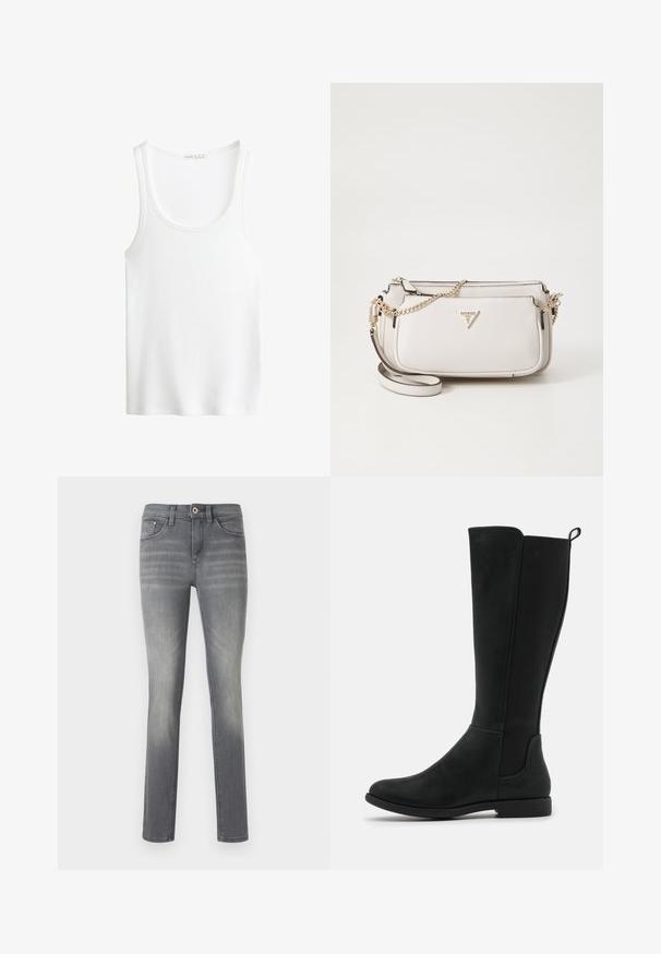 Bílý žebrovaný top na ramínka s kulatým výstřihem a širokými ramínky. Měkká textilie a prošívané lemy. Jednoduchý, přiléhavý design.; Šedé džíny z denimu s úzkým střihem, s vybledlým vzhledem, pěti kapsami, knoflíkovým zapínáním a jemnými detaily prošití.; Černé kozačky z faux kůže do výšky kolen s hladkým povrchem, elastickými bočními panely a nízkou plochou podrážkou pro pohodlí.; Kabelka z světle šedého texturovaného materiálu se zlatým řetízkovým popruhem. Má skládací design a trojúhelníkový logový akcent na přední straně.