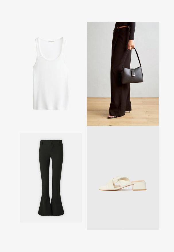 Top tank bianco a costine con scollatura a barco e spalline larghe. Tessuto morbido e orli cuciti. Design semplice e aderente.; Pantaloni neri a campana realizzati in tessuto morbido, con vita alta e due chiusure a bottone, caratterizzati da una silhouette slanciata.; Sandali con tacco a blocco di colore crema, con cinturini attorcigliati e una suola piatta. Materiale sintetico liscio con finitura opaca.; Borsa nera con forma strutturata, texture liscia e una chiusura metallica. Abbinata a pantaloni neri larghi e sandali open-toe su un pavimento in legno.