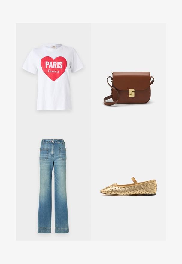 Tricou alb din bumbac, cu un grafic mare de inimă roșie, având inscripția "PARIS" cu litere albe îngroșate și "l'amour" în scris mic dedesubt. Mâneci scurte.; Jeans din denim albastru deschis, cu talie evazată, cinci buzunare, bucle pentru curea, închidere cu nasture și o textură ușor decolorată, având un detaliu cu logo roșu pe spate.; Loeffler Randall LEONIE SOFT BALLET FLAT - Balerini cu barete - gold; Geantă de piele maro cu închidere tip capac, accesorii de culoare aurie, curea de umăr și o textură netedă. Formă compactă și rectangulară.
