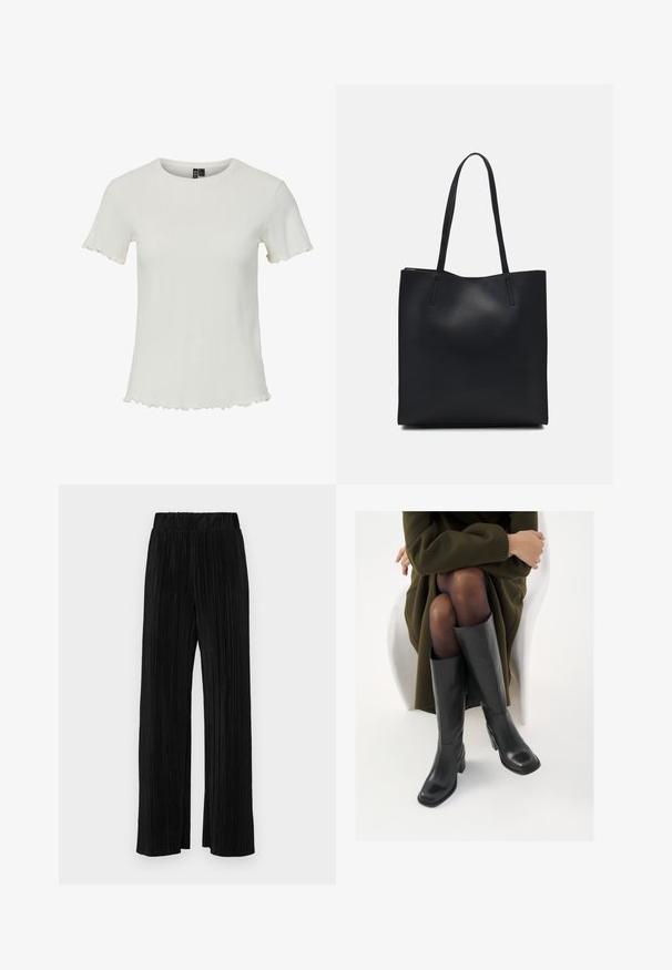 Balta īsām piedurknēm tops ar ribota tekstūra, apaļu izgriezumu un viļņotu apakšmalu, veidots, lai nodrošinātu pieguļošu siluetu.; Melni plīšu bikses ar elastīgu jostu. Tām ir platākas kājas un gluda, teksturēta auduma ar vertikālām svītrām.; Ceļgalu augstuma melni ādas zābaki ar kvadrātu purngalu un bloku papēdi, attēloti modelī, kurš sēž olīvu zaļā mētelī. Gluda tekstūra, minimāla apdare.; Melnas ādas somiņa ar gludu tekstūru, taisnstūra formu un divām garām rokturiem. Nav redzamu aparatūras vai rotājumu.