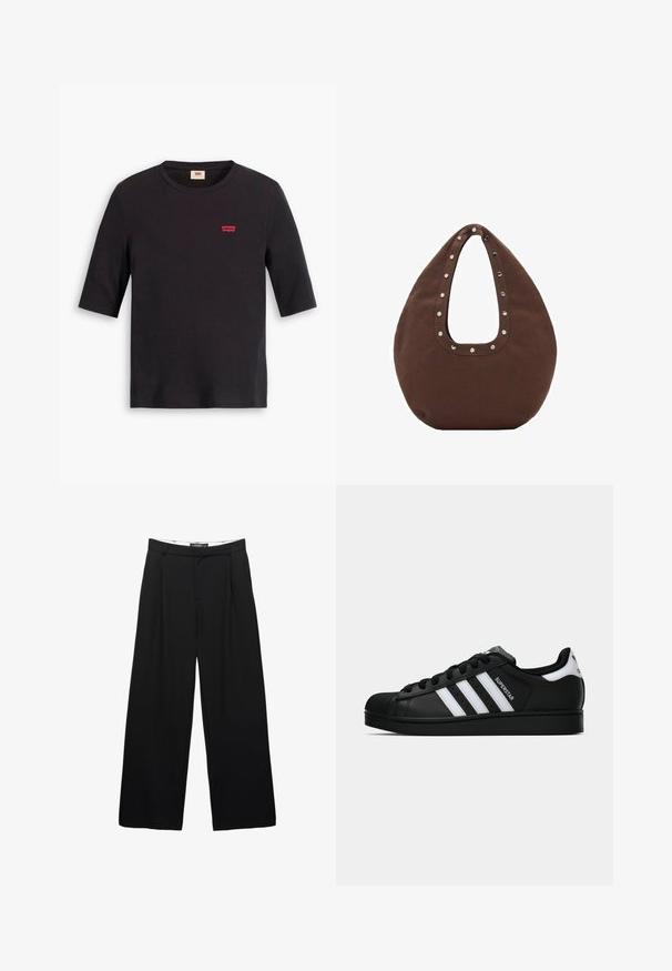 Černé bavlněné tričko s kulatým výstřihem a krátkými rukávy. Na hrudi je malé červené logo Levi's. Měkká textura.; Svetle modrá a bílá vertikálně pruhovaná dlouhá košile s límečkem a kapsou na hrudi.; Široké černé kalhoty vyrobené z hladké látky. Obsahují přední sklady, pas s poutky na opasek a upravený siluetu.; Černé tenisky Adidas Superstar se bílými pruhy, špičkou ve tvaru skořápky a textem "Superstar" na boku, zobrazené v bočním profilu na bílém pozadí.; Hnědá taška přes rameno s zakřiveným tvarem, která má velké výřezy na rukojeti zdobené stříbrnými hroty podél okraje. Vyrobena z měkké látky.